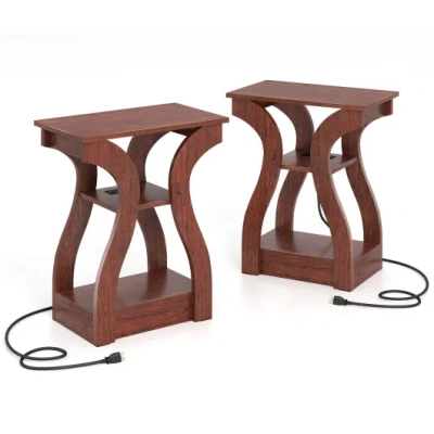 Costway 3-tier End Tables With Charging Station Set Of 2 With Open Storage Shelves-cherry In Brown