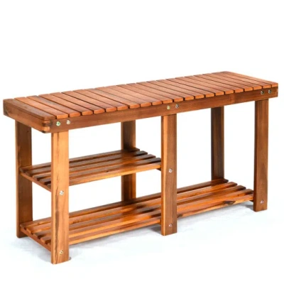 Costway 3-tier Freestanding Wooden Shoe Organizer With Seat In Brown