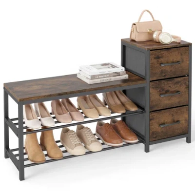 Costway 3-tier Industrial Shoe Bench With 3 Removable Fabric Drawers And Anti-toppling Kits-rustic Brown