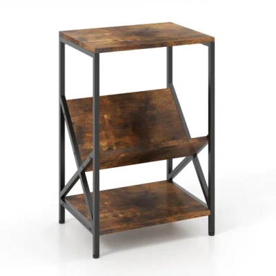 Costway 3-tier Industrial Side Table With V-shaped Bookshelf For Living Room-rustic Brown