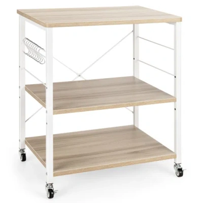 Costway 3-tier Kitchen Baker's Rack Microwave Oven Storage Cart With Hooks-light Brown In White