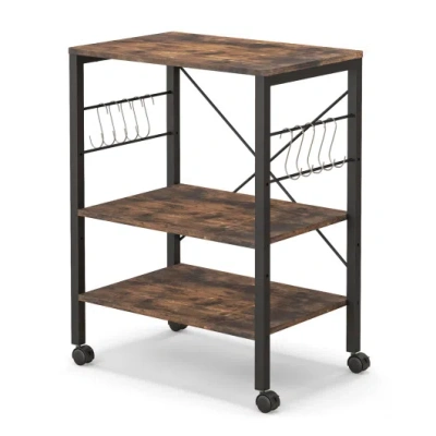 Costway 3-tier Kitchen Baker's Rack Microwave Oven Storage Cart With Hooks-rustic Brown