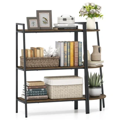 Costway 3-tier Ladder Shelf And Corner Shelf Set With Metal Frame-rusticbrown In Brown