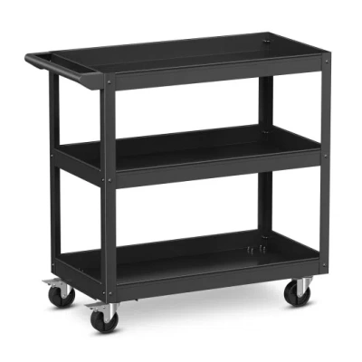 Costway 3-tier Metal Utility Cart Trolley Tool With Flat Handle And 2 Lockable Universal Wheels-black