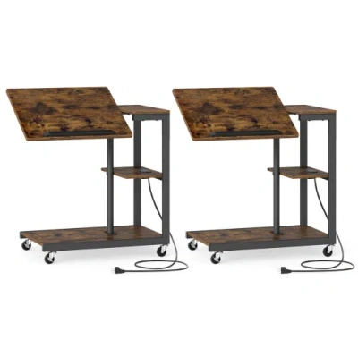 Costway 3-tier Mobile Couch Side Table With Tiltable Tabletop-2 Piece In Brown