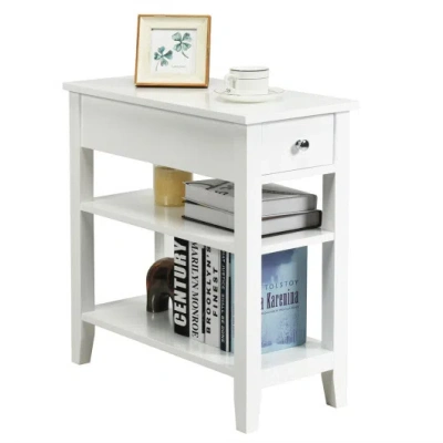 Costway 3-tier Nightstand Bedside Table Sofa Side With Double Shelves Drawer-white