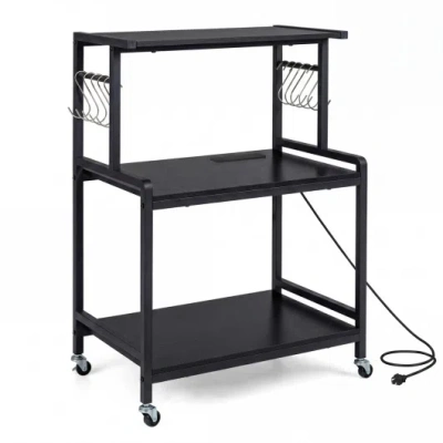 Costway 3-tier Rolling Microwave Cart With Power Outlet And Lockable Wheels And 10 Hooks-black