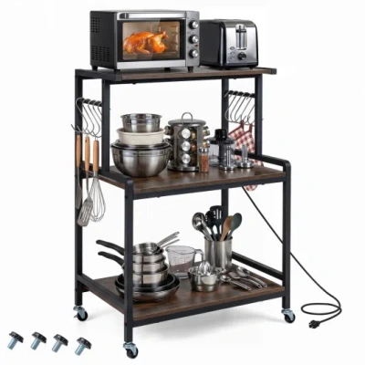 Costway 3-tier Rolling Microwave Cart With Power Outlet And Lockable Wheels And 10 Hooks-rustic Brown