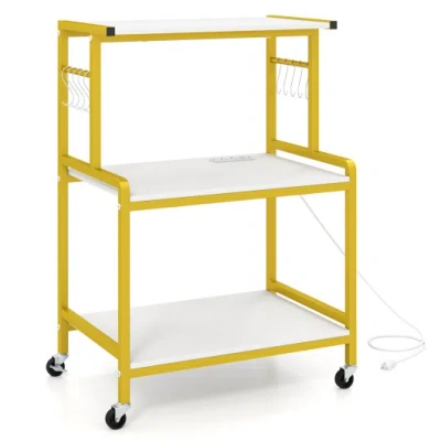 Costway 3-tier Rolling Microwave Cart With Power Outlet And Lockable Wheels And 10 Hooks-white In Gold