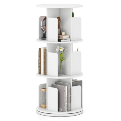 Costway 3-tier Rotating Bookshelf With Dividers And Anti-falling Baffles-white In Gray