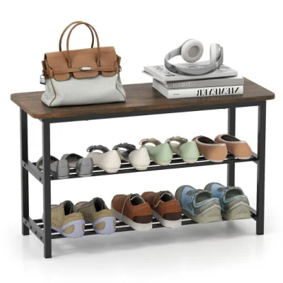 Costway 3-tier Shoe Rack Shoe Bench With Metal Slat Shelves And Long Wooden Seat-rustic Brown In Multi