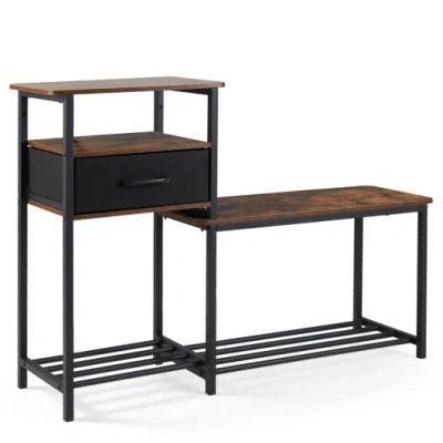 Costway 3-tier Shoe Storage Rack Bench With Drawer And Metal Frame-rustic Brown