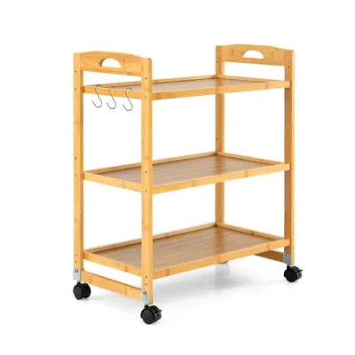 Costway 3-tier Storage Rolling Cart Bamboo Utility Cart With 4 Universal Wheels-natural In Gold