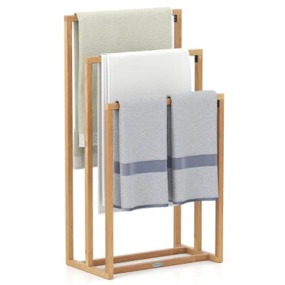 Costway 3-tier Teak Wood Towel Rack With 3 Hanging Crossbars In Brown