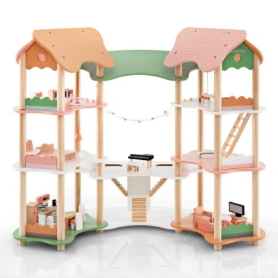 Costway 3-tier Wooden Dollhouse For Kids Aged 3-8 Years Old With 32 Pieces Of Accessories-multicolor