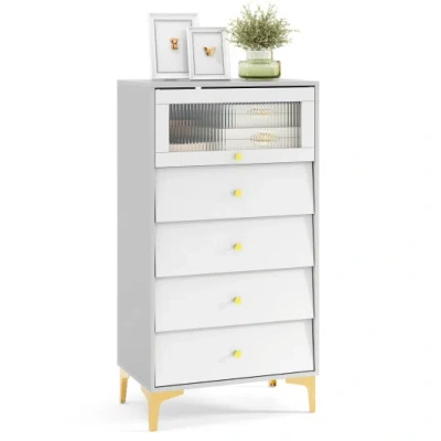 Costway 4 Drawer Modern Storage Cabinet With Flip Up Fluted Glass Door-gray And White