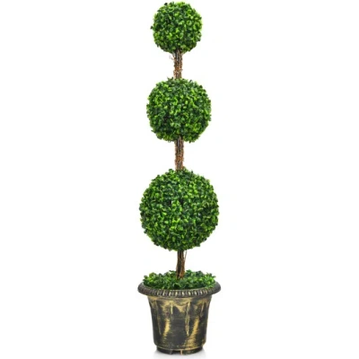 Costway 4 Feet Artificial Topiary Triple Ball Tree Plant In Green