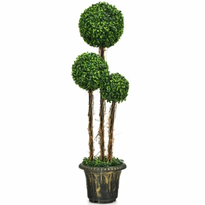 Costway 4 Feet Artificial Uv Resistant Topiary Triple Ball Tree Plant In Green