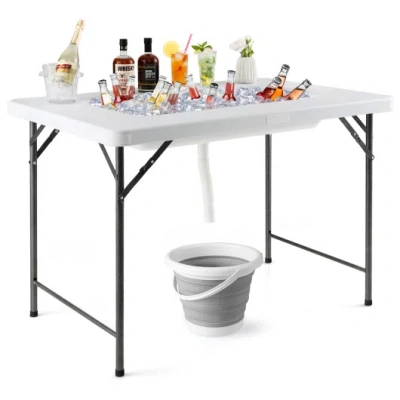 Costway 4 Feet Folding Ice Bin Table With Skirt For Camping Picnic Wedding With Ice Bucket-white In Animal Print