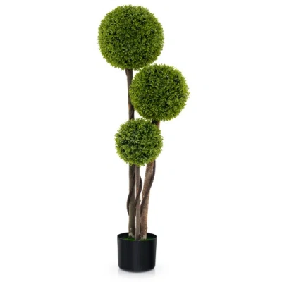 Costway 4 Ft Artificial Boxwood Topiary Ball Tree In Weighted Pot With Triple Ball In Green