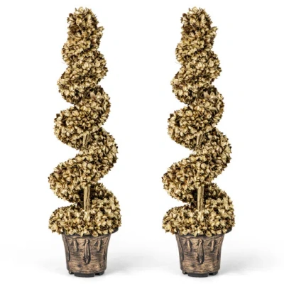 Costway 4 Ft Artificial Topiary Spiral Tree Set Of 2 With Vintage Plastic Nursery Pot-gold In Brown
