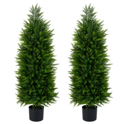 Costway 4 Ft Artificial Topiary Tree Set Of 2 Faux Cedar Cypress Plants In Cement-filled Pots-green