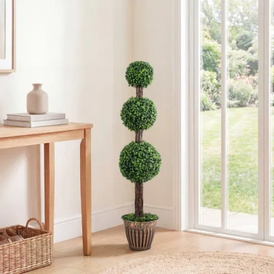 Costway 4 Ft Artificial Triple Ball Boxwood Tree With Cement-filled Retro Planter-green In Multi