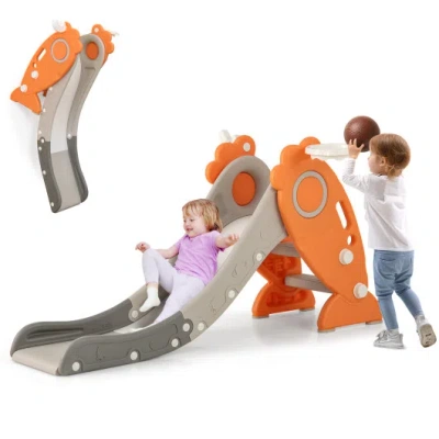 Costway 4 In 1 Indoor Slide For Kids Age 3+ Years With Basketball Hoop And Rings-orange In Multi