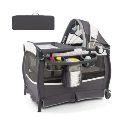 Costway 4 In 1 Portable Pack And Play Baby Nursery Center With Bassinet-heart Pink In Gray