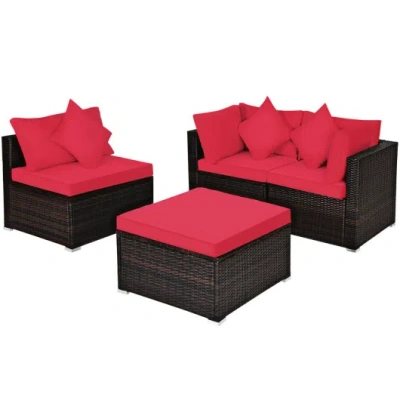 Costway 4 Pcs Ottoman Garden Deck Patio Rattan Wicker Furniture Set Cushioned Sofa-red
