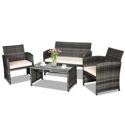 Costway 4 Pcs Patio Rattan Furniture Set Top Sofa With Glass Table-white In Gray