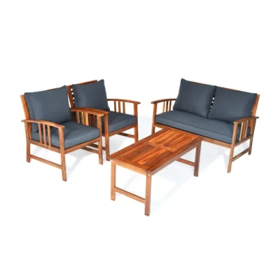 Costway 4 Pcs Wooden Patio Furniture Set Table Sofa Chair Cushioned Garden In Blue