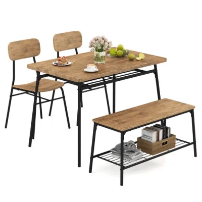 Costway 4 Piece Dining Table Set For 4 Metal Frame With Bench And 2 Chairs-brown