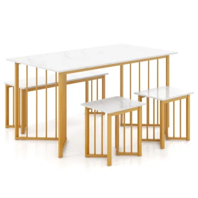Costway 4 Piece Dining Table Set With Bench And 2 Stools-white In Brown