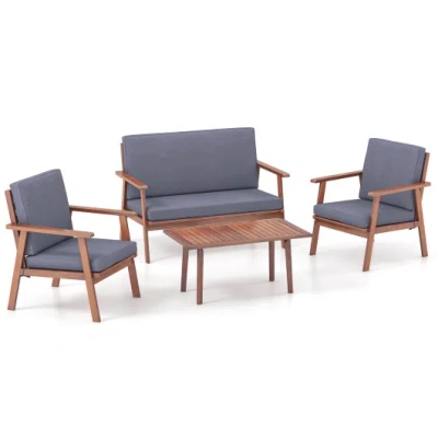 Costway 4 Piece Outdoor Acacia Wood Conversation Set With Soft Seat And Back Cushions-gray In Blue