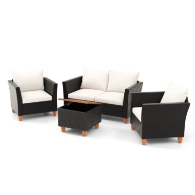 Costway 4 Piece Outdoor Conversation Set With Storage Coffee Table-white In Multi