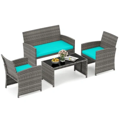 Costway 4 Piece Patio Conversation Set Rattan Chair Loveseat And Table Set-turquoise In Gray