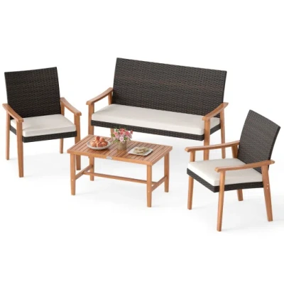 Costway 4 Piece Patio Furniture Set Pe Rattan Porch Chairs With Acacia Wood Coffee Table And Soft Cushions-w In Black
