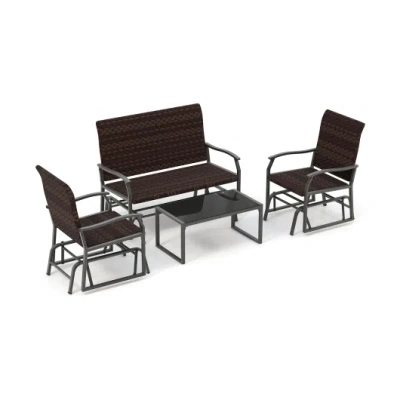 Costway 4 Piece Patio Gliding Set Wicker Swing Glider Furniture Set All Weather Witrh Tempered Glass Coffee  In Brown