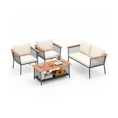 Costway 4 Piece Patio Rattan Furniture Set With 2-tier Coffee Table-white In Multi