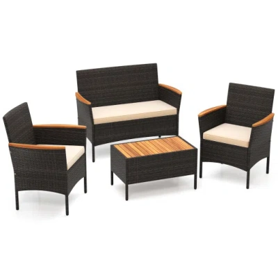 Costway 4 Piece Patio Wicker Sofa Set 2 Rattan Chairs And Loveseat With Table-brown In Black