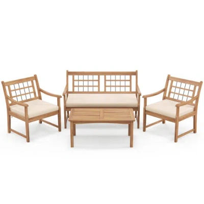 Costway 4 Piece Wood Patio Furniture With Armchairs Loveseat And Coffee Table-off White In Brown