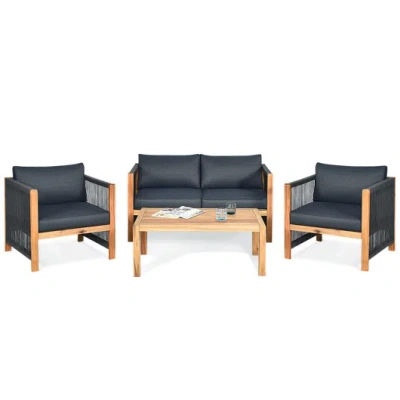 Costway 4 Pieces Acacia Wood Outdoor Patio Furniture Set With Cushions-gray In Black