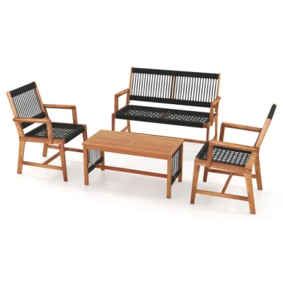 Costway 4 Pieces Acacia Wood Patio Conversation Table And Chair Set With Hand Woven Rope In Animal Print