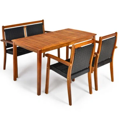 Costway 4 Pieces Acacia Wood Patio Rattan Dining Furniture Set In Multi