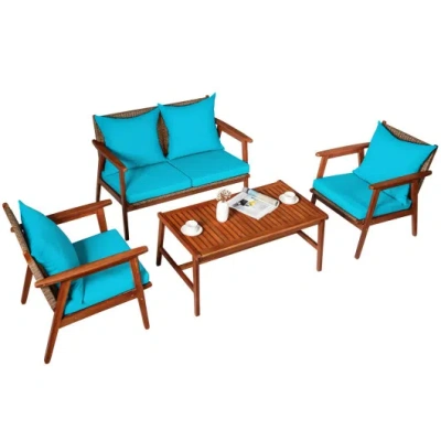 Costway 4 Pieces Acacia Wood Patio Rattan Furniture Set-turquoise In Multi