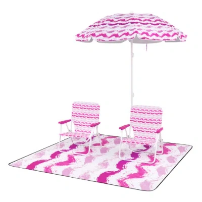 Costway 4 Pieces Beach Umbrella Set With 2 Foldable Chairs And Picnic Blanket-pink