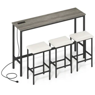 Costway 4 Pieces Counter Height Bar Table With Power Outlet With 3 Padded Stools-gray In Black