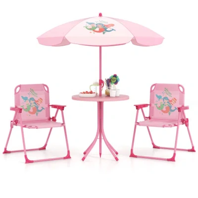 Costway 4 Pieces Kids Picnic Set With 2 Folding Chairs And Height Adjustable Umbrella-pink
