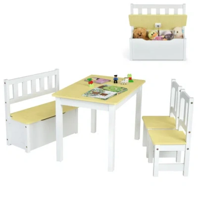 Costway 4 Pieces Kids Wooden Activity Table And Chairs Set With Storage Bench And Study Desk-natural In Multi